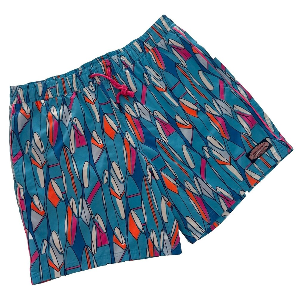 Vineyard Vines Chappy Swim Trunks Mens M Blue Pink Pastel Surfboard Print Lined